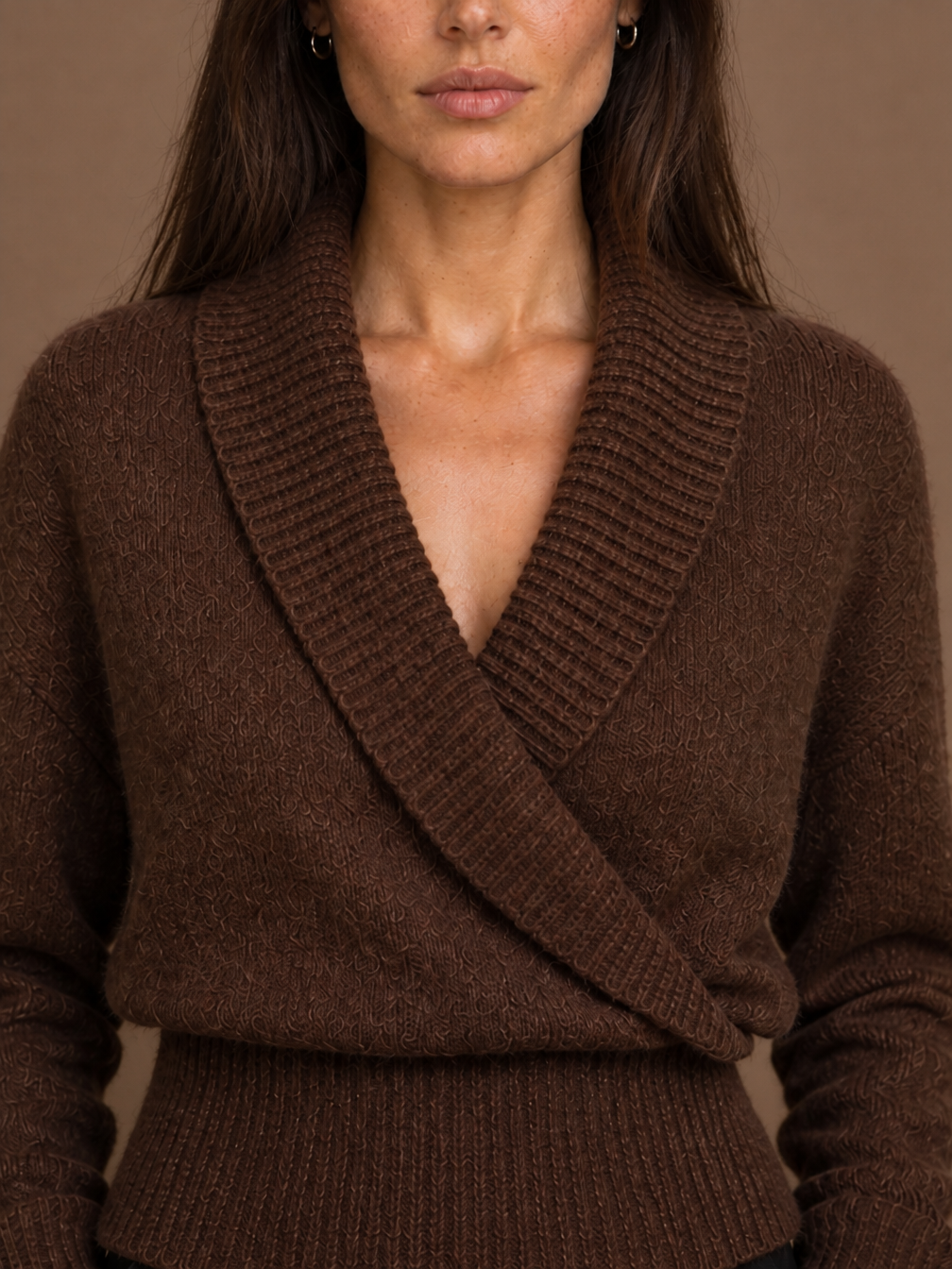 Women's Wrap Sweater with Shawl Collar, V-Neck and Ribbed Knit - Brown - Detail Close-Up [AI-OPT:b419b73a-4e35-4b83-96f3-5711512c8d8d]