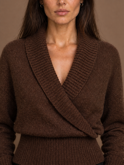 Women's Wrap Sweater with Shawl Collar, V-Neck and Ribbed Knit - Brown - Detail Close-Up [AI-OPT:b419b73a-4e35-4b83-96f3-5711512c8d8d]