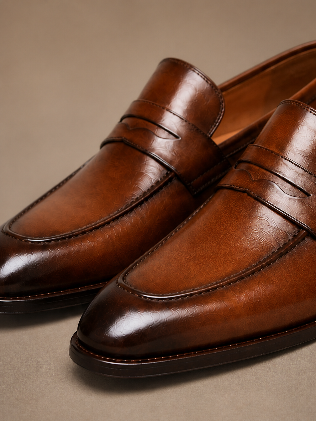 Men's Leather Loafers Square Toe Dress Shoes - Black or Brown - Brown - Detail Close-Up [AI-OPT:12d12048-0ca8-4443-92ab-3a462dfb0502]