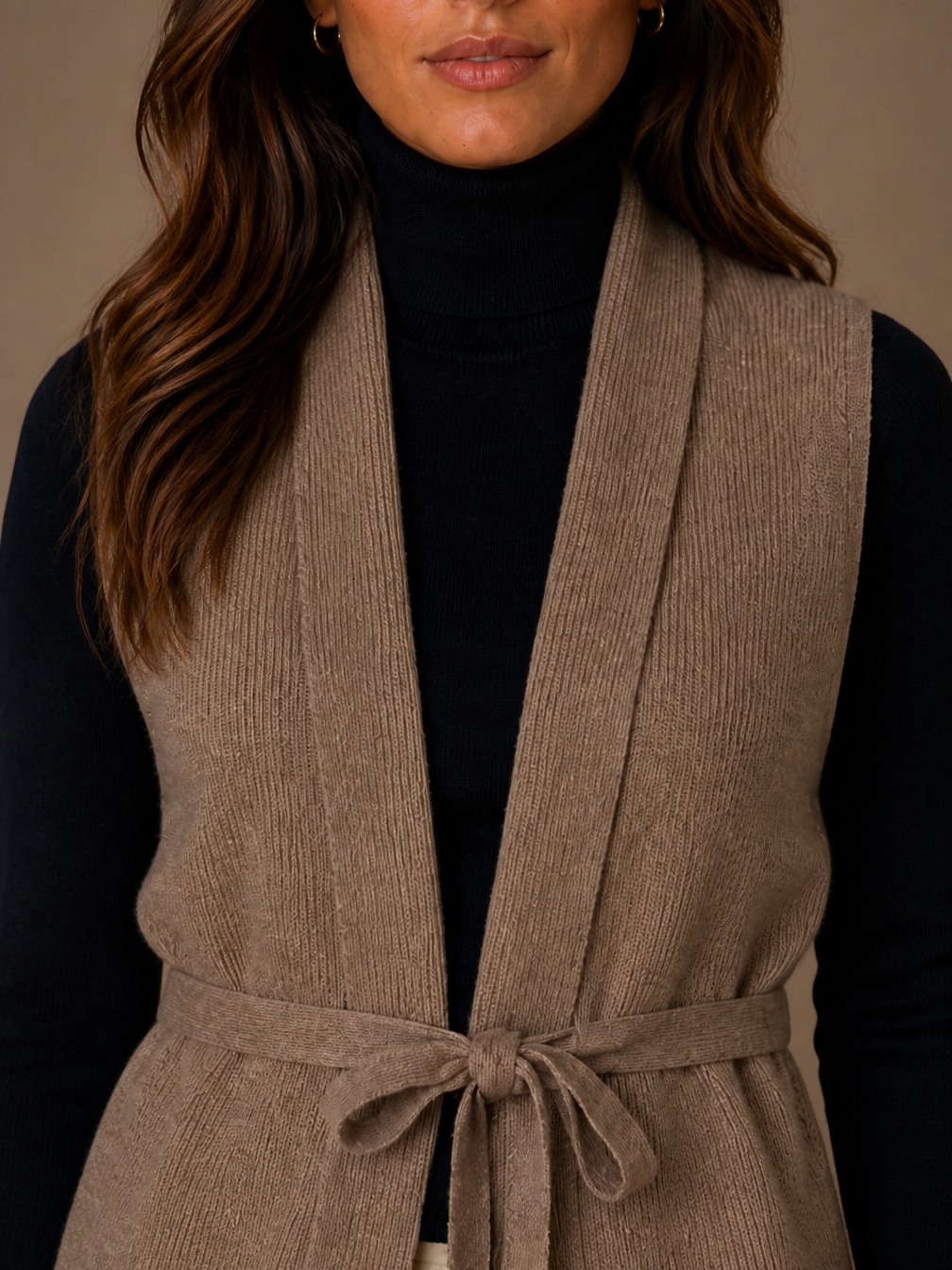Women's Wool Cashmere Cardigen - Waistcoat Knit Layering Vest with Tie Belt - Brown - Detail Close-Up [AI-OPT:74963fc2-d06a-47ea-80df-0fa19f4d1928]