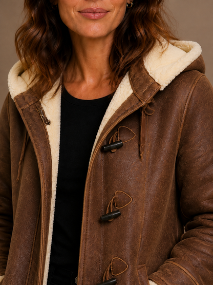Women's Duffle Coat - Brown Hooded Fleece Winter Jacket - Brown - Detail Close-Up [AI-OPT:bbf7da6c-2794-4fae-860b-8c1a74b8eadd]