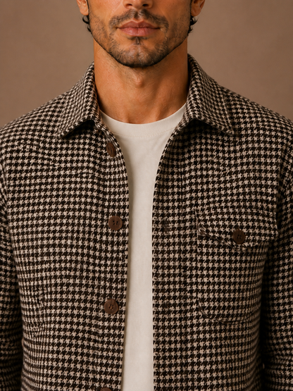Men’s Houndstooth Shirt Jacket with Button Front - Long Sleeved Overshirt for Layering - Brown - Detail Close-Up [AI-OPT:bb214a3a-1fad-4a40-a6dd-d5ac6f13d464]