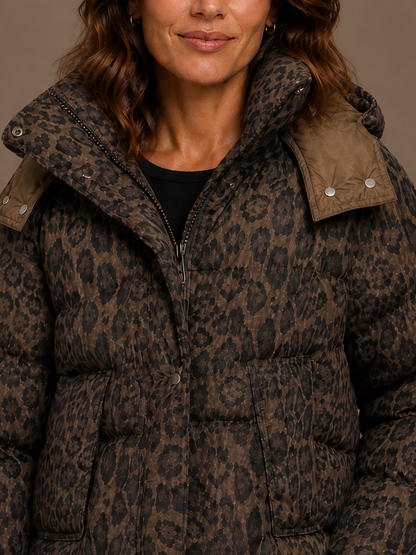 Women's Leopard Print Quilted Puffer Jacket - Front Zip Animal Print Insulated Coat - Brown - Detail Close-Up [AI-OPT:88a0bbf2-14b4-496b-9310-45ddb3fe2e2a]