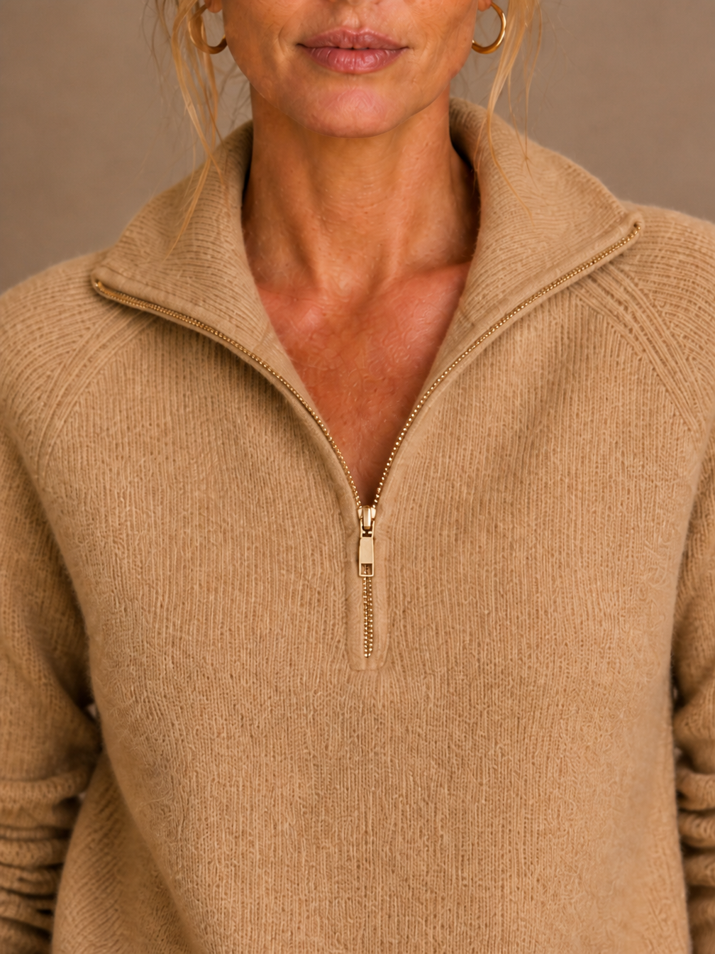 Women's Pure Cashmere Half-Zip Knitted Pullover Sweater with Long Sleeves - Brown - Detail Close-Up [AI-OPT:56f7883a-87bb-4b6c-9430-b1c762998673]