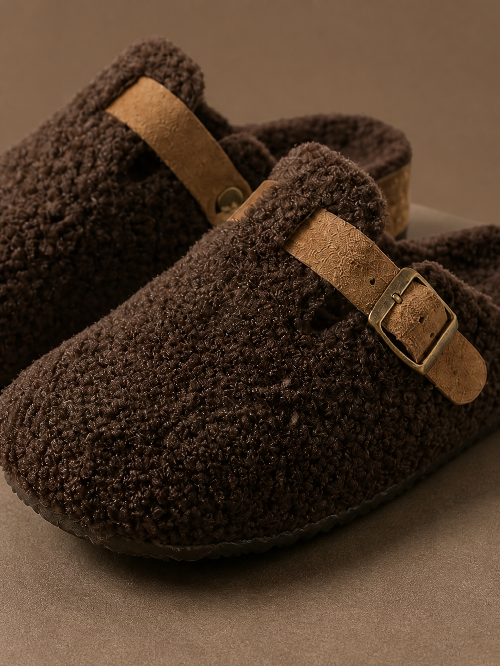 Sheepskin Mule Slippers with Warm Lining and Non-Slip Rubber Sole - Brown - Detail Close-Up [AI-OPT:4b3ff09a-e21b-428f-bfc0-ade1c0d392bb]