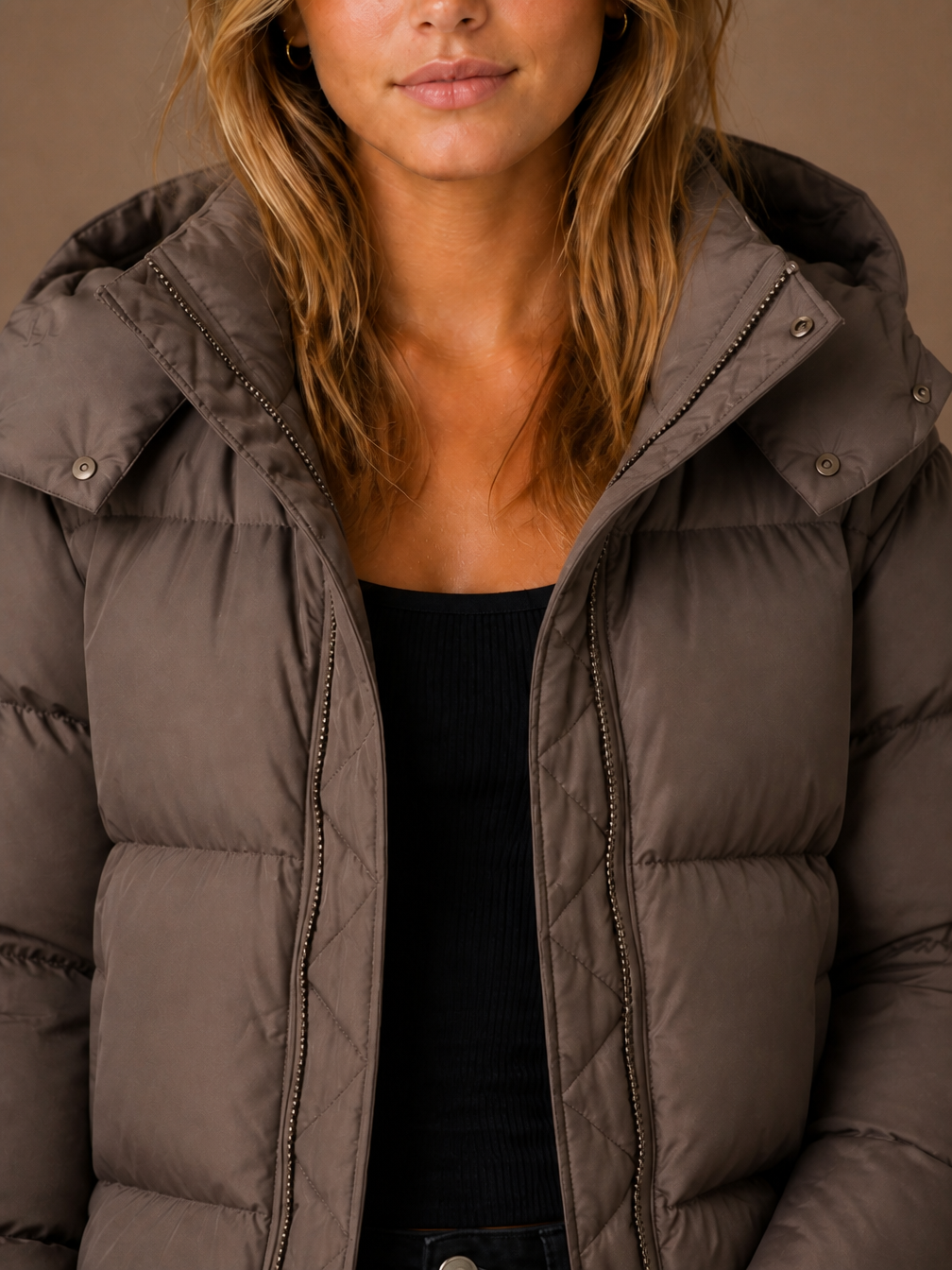 Women's Oversized Hooded Puffer Jacket – Short Padded Winter Coat - Brown - Detail Close-Up [AI-OPT:8f8608dc-7465-40af-89fe-5c84fd4d8a90]