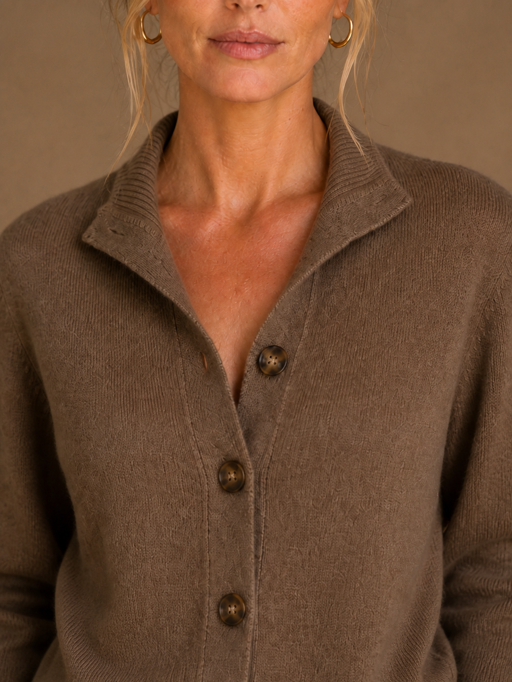 Women's Thick Cashmere Blend Cardigan with Bold Buttons and Half-High Neck - Brown - Detail Close-Up [AI-OPT:529f2db5-492f-4e01-a6cd-251c3fe99e72]