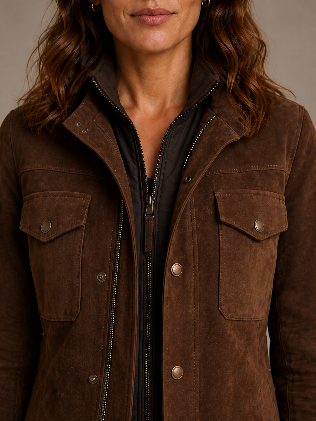 Women's Brown Faux Suede Utility Jacket, Longline Relaxed Fit with Lapel Collar and Flap Pockets - Brown - Detail Close-Up [AI-OPT:34072154-fe73-4024-88aa-f950db9ecb57]