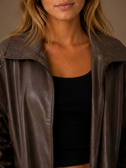 Women's Oversized PU Leather Jacket, Casual Brown or Black Faux Leather Coat - Brown - Detail Close-Up [AI-OPT:c84450f5-db26-4584-92c4-3d40def2b7d1]