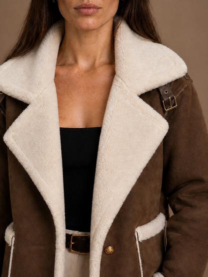 Women's Aviator Jacket with Signature Collar, Zip Front and Tailored Fit - Brown - Detail Close-Up [AI-OPT:a2374e6b-0d24-4d92-98b6-1863764d60bc]