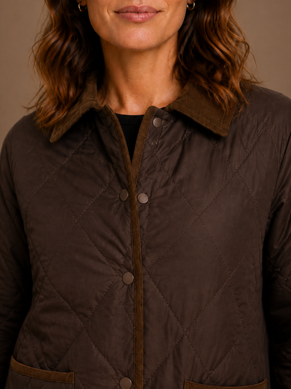 Women's Quilted Puffer Jacket with Corduroy Collar - Lightweight Padded Coat - Brown - Detail Close-Up [AI-OPT:e21422cc-883b-4f25-9ecd-4a7c6c059a31]