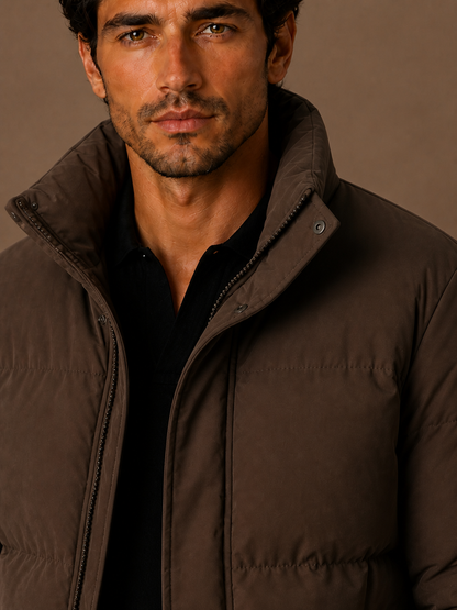Men's Oversized Puffer Jacket Quilted Winter Coat for Layering - Brown - Detail Close-Up [AI-OPT:60addc29-59d7-470f-83d9-48dc3b8dc4d7]