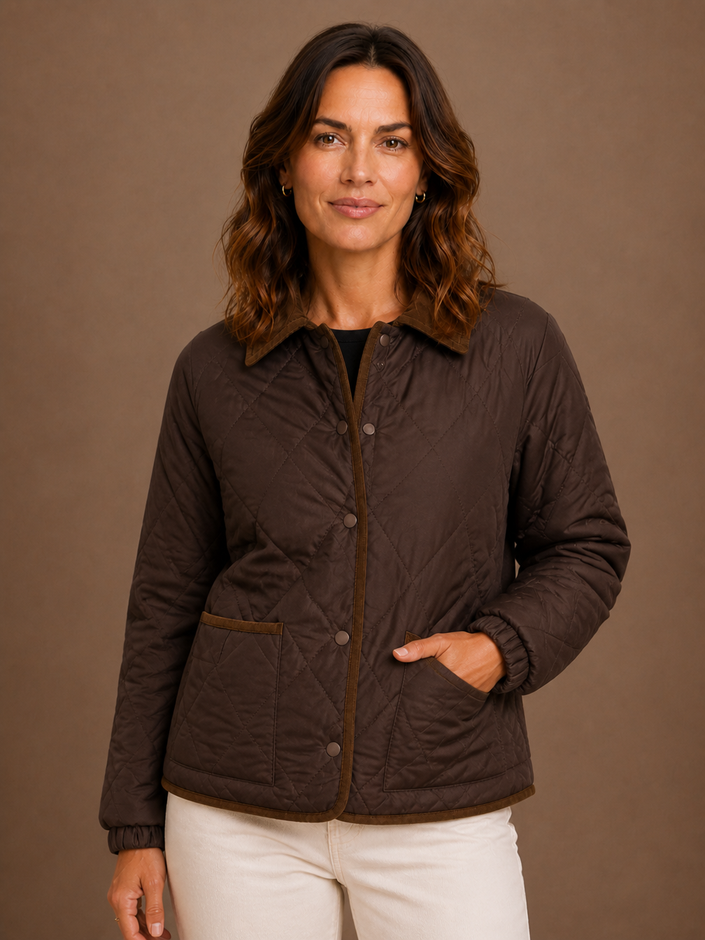 Women's Quilted Puffer Jacket with Corduroy Collar - Lightweight Padded Coat - Brown