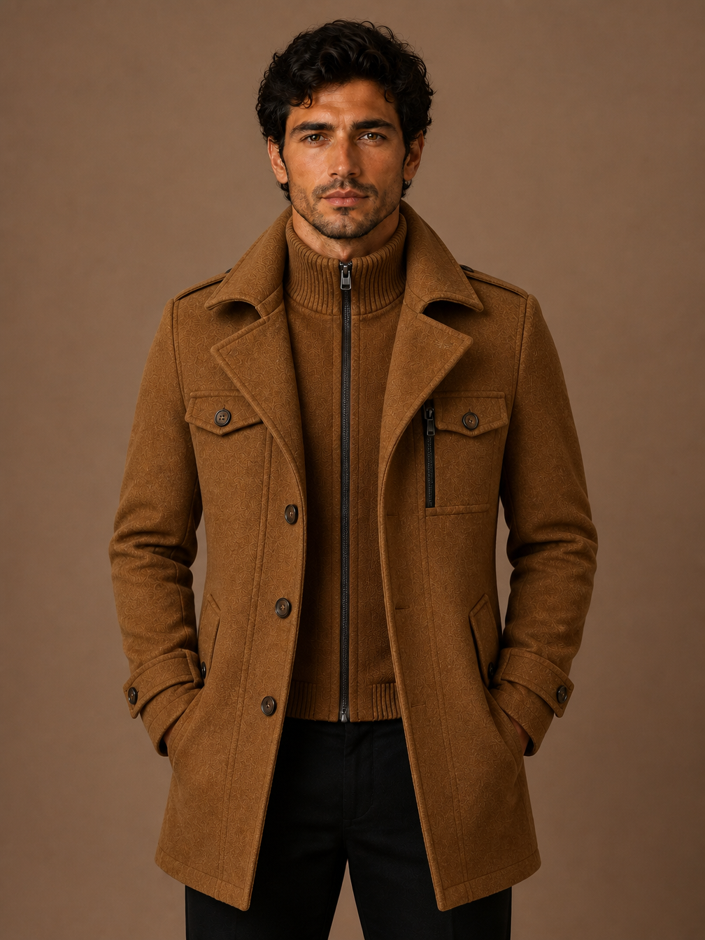 Men’s Wool Overcoat – Longline Structured Fit Winter Jacket - Brown