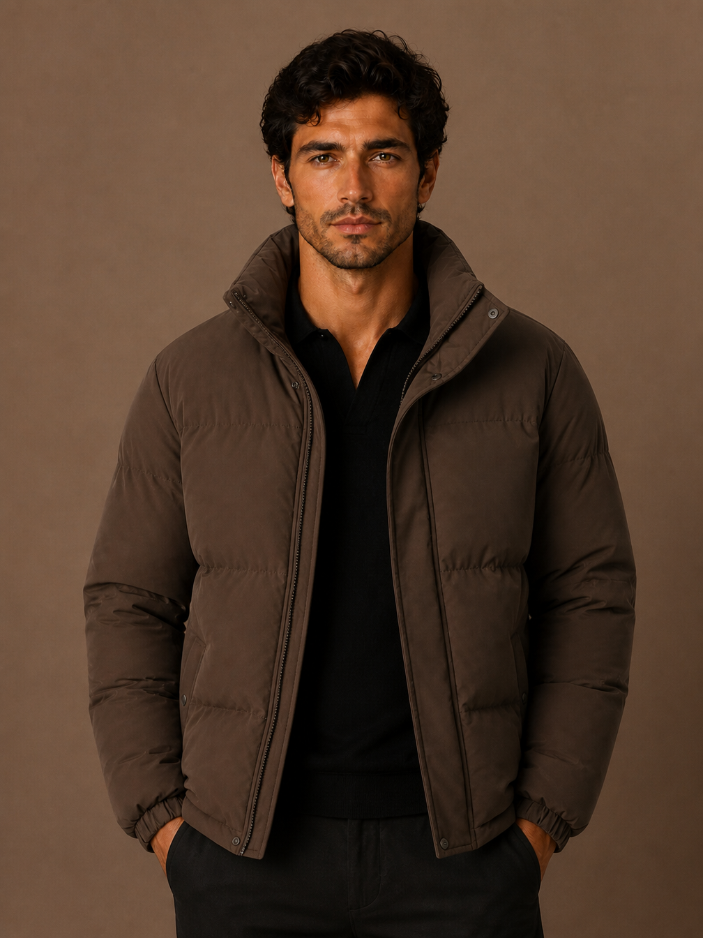 Men's Oversized Puffer Jacket Quilted Winter Coat for Layering - Brown