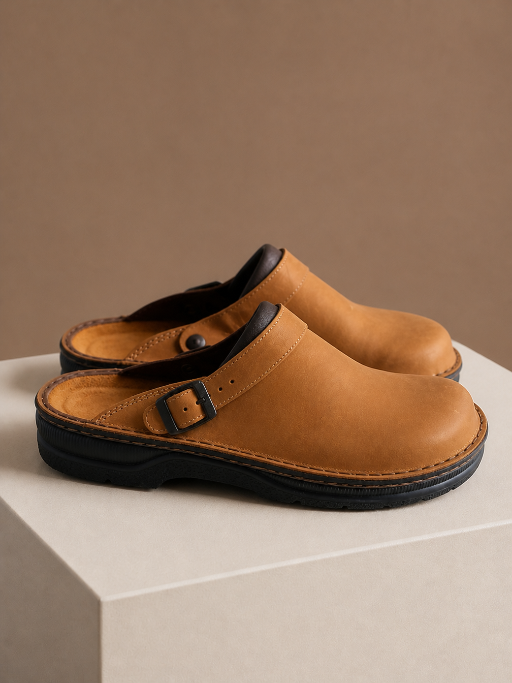 Men's Leather Clogs Slip-On Buckle Strap Cushioned Orthopaedic Insole Slippers - Brown
