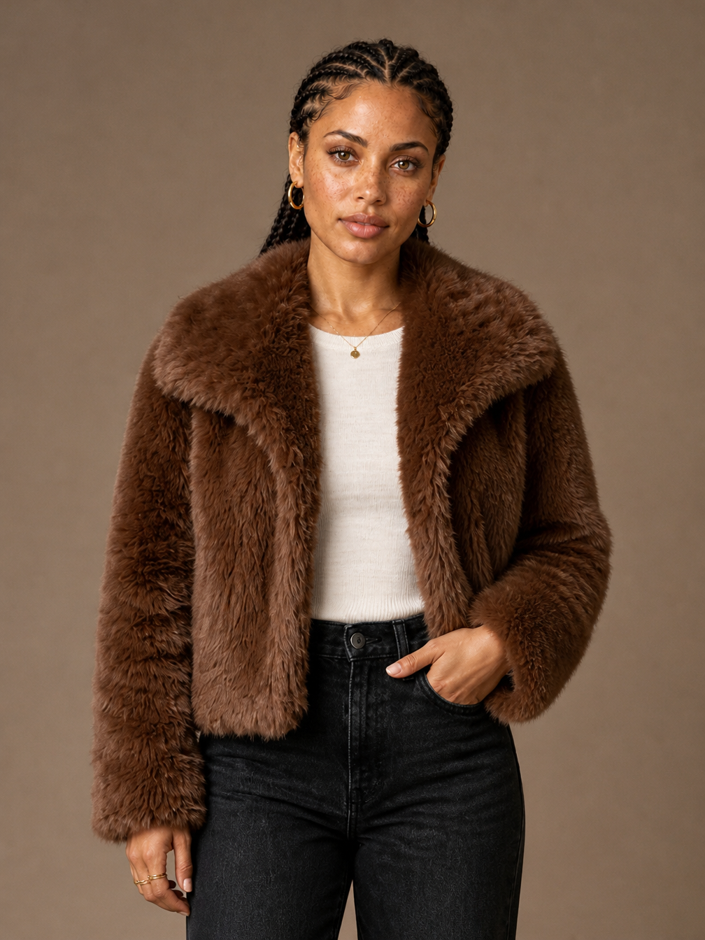 Women's Cropped Faux Fur Jacket with Shawl Collar for Autumn/Winter - Brown