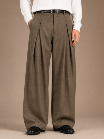 Men's Pleated Trousers High-Waisted Wide-Leg Tailored Pants with Belt Loops - Brown