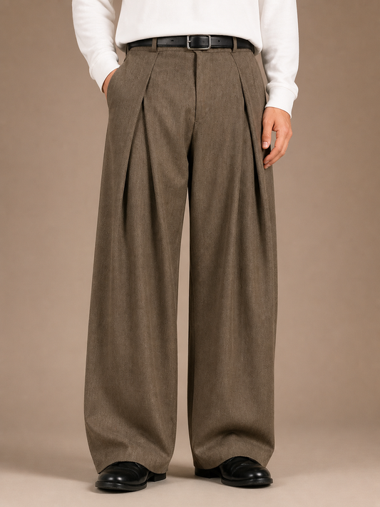 Men's Pleated Trousers High-Waisted Wide-Leg Tailored Pants with Belt Loops - Brown
