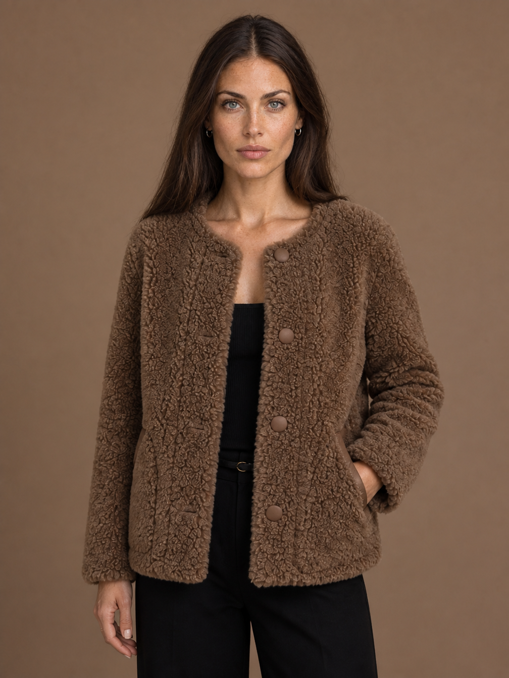 Women's Faux Shearling Winter Coat with Button Front and Pockets - Brown Fur
