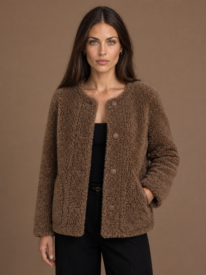 Women's Faux Shearling Winter Coat with Button Front and Pockets - Brown Fur