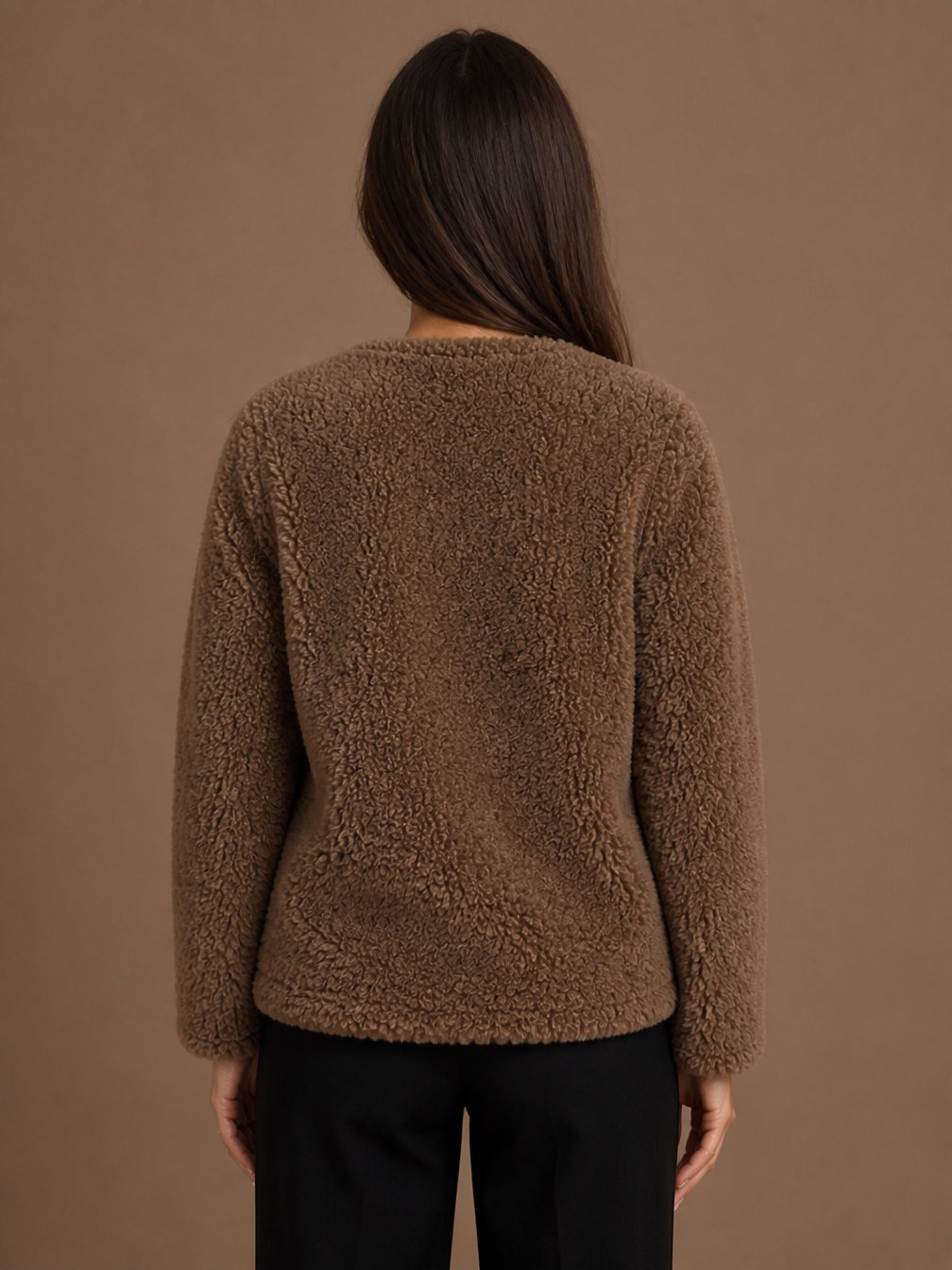 Women's Faux Shearling Winter Coat with Button Front and Pockets - Brown Fur - Back View [AI-OPT:d460c10c-0752-423c-85ea-52881858dd8a]