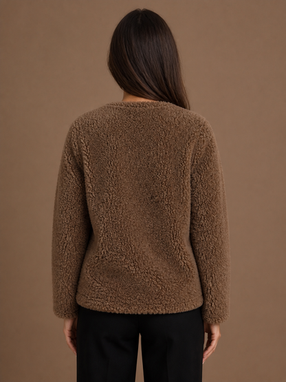 Women's Faux Shearling Winter Coat with Button Front and Pockets - Brown Fur - Back View [AI-OPT:d460c10c-0752-423c-85ea-52881858dd8a]