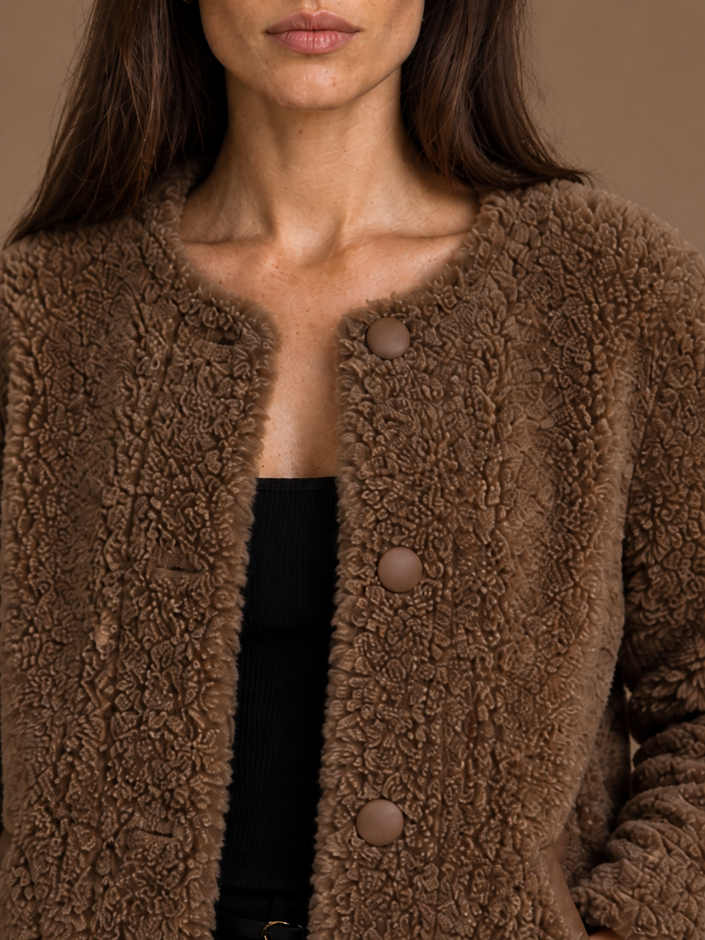 Women's Faux Shearling Winter Coat with Button Front and Pockets - Brown Fur - Detail Close-Up [AI-OPT:d27fc855-8702-4218-bf9a-b45d058cec87]