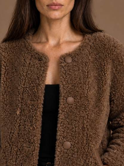 Women's Faux Shearling Winter Coat with Button Front and Pockets - Brown Fur - Detail Close-Up [AI-OPT:d27fc855-8702-4218-bf9a-b45d058cec87]
