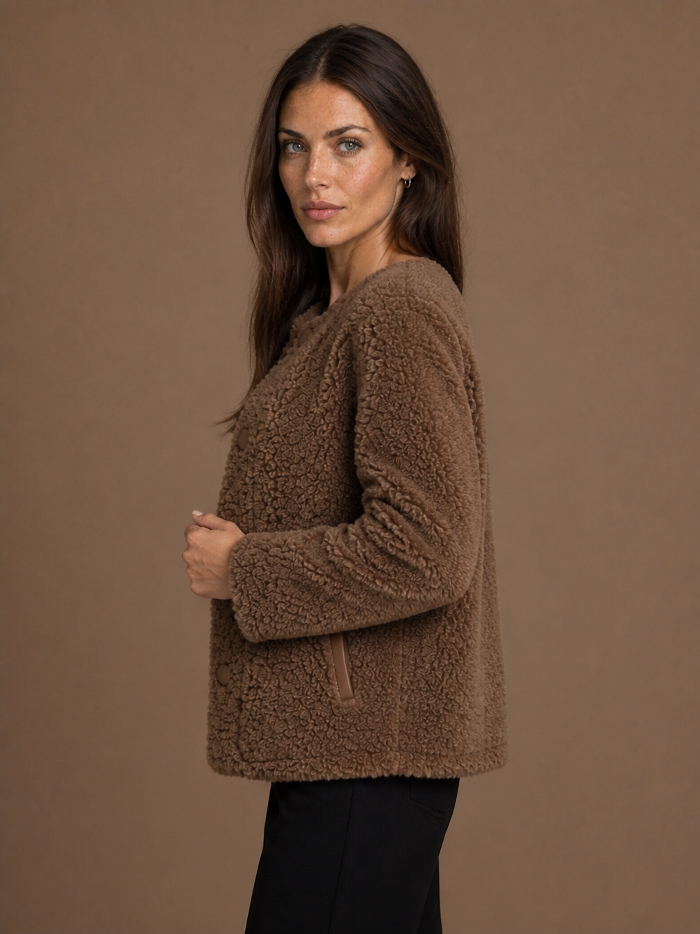Women's Faux Shearling Winter Coat with Button Front and Pockets - Brown Fur - Side View [AI-OPT:e9b05a4c-3dd2-4955-92f1-87c446e5098b]