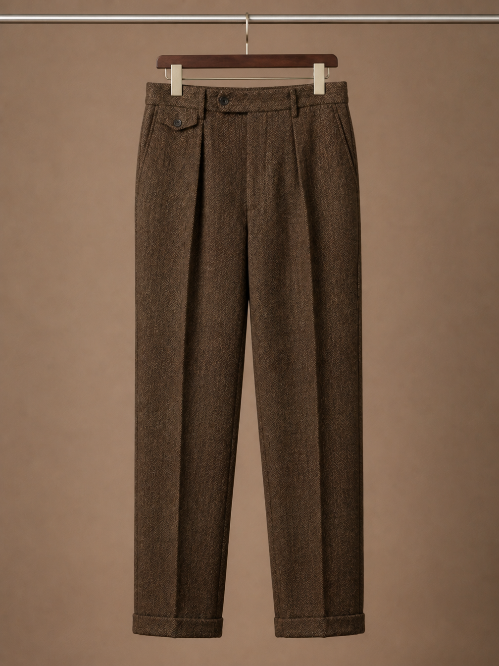 Men's Herringbone Pleated Tailored Trousers Straight Leg Smart Fit - Brown - Hanger View [AI-OPT:1cd4d57c-c7ef-4641-8c75-a3fbaf1e0d3f]