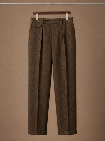 Men's Herringbone Pleated Tailored Trousers Straight Leg Smart Fit - Brown - Hanger View [AI-OPT:1cd4d57c-c7ef-4641-8c75-a3fbaf1e0d3f]
