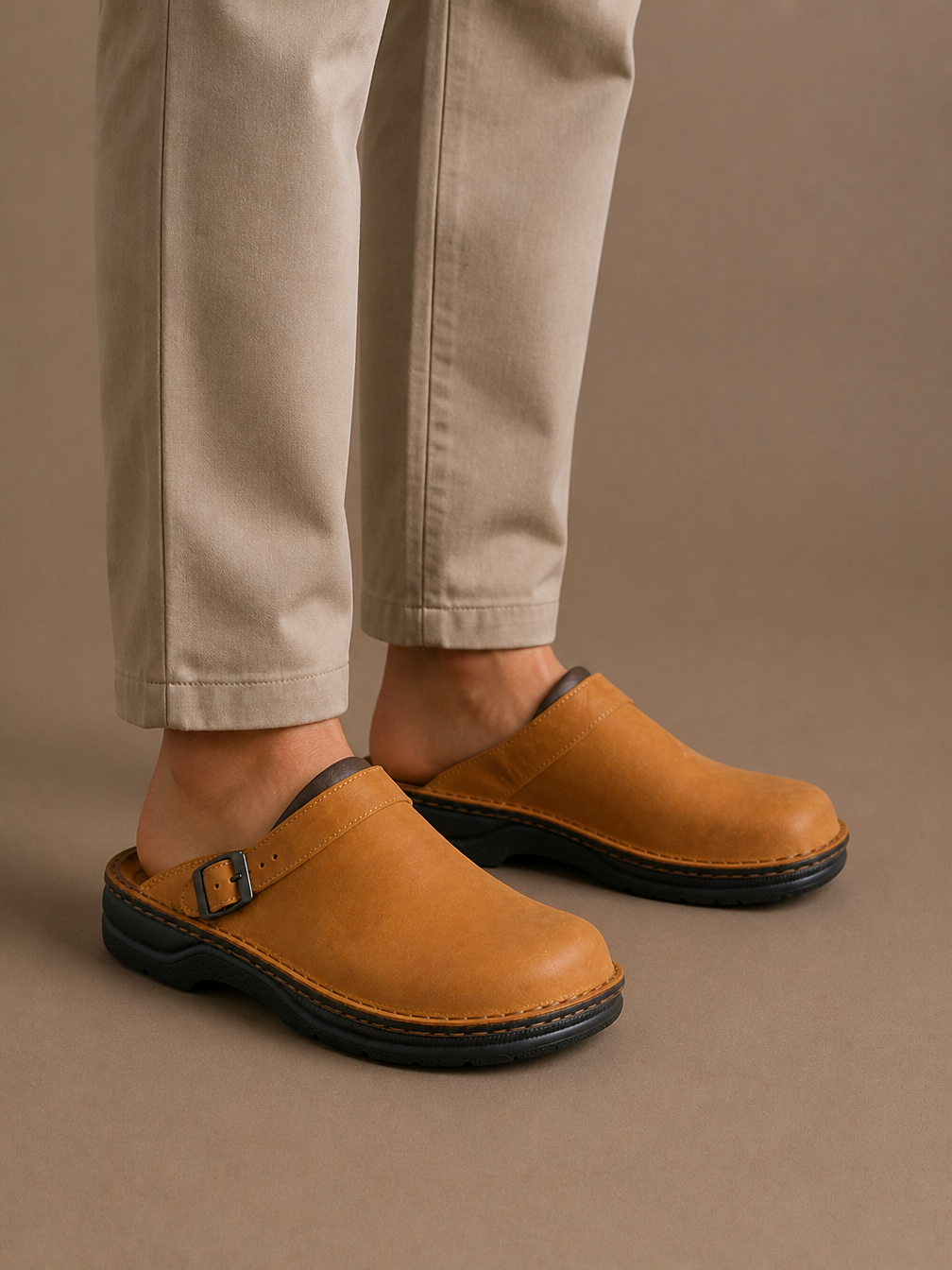 Men's Leather Clogs Slip-On Buckle Strap Cushioned Orthopaedic Insole Slippers - Brown - On-Foot View [AI-OPT:2ba95ed5-f04b-4e3a-9e44-64018f9d515d]