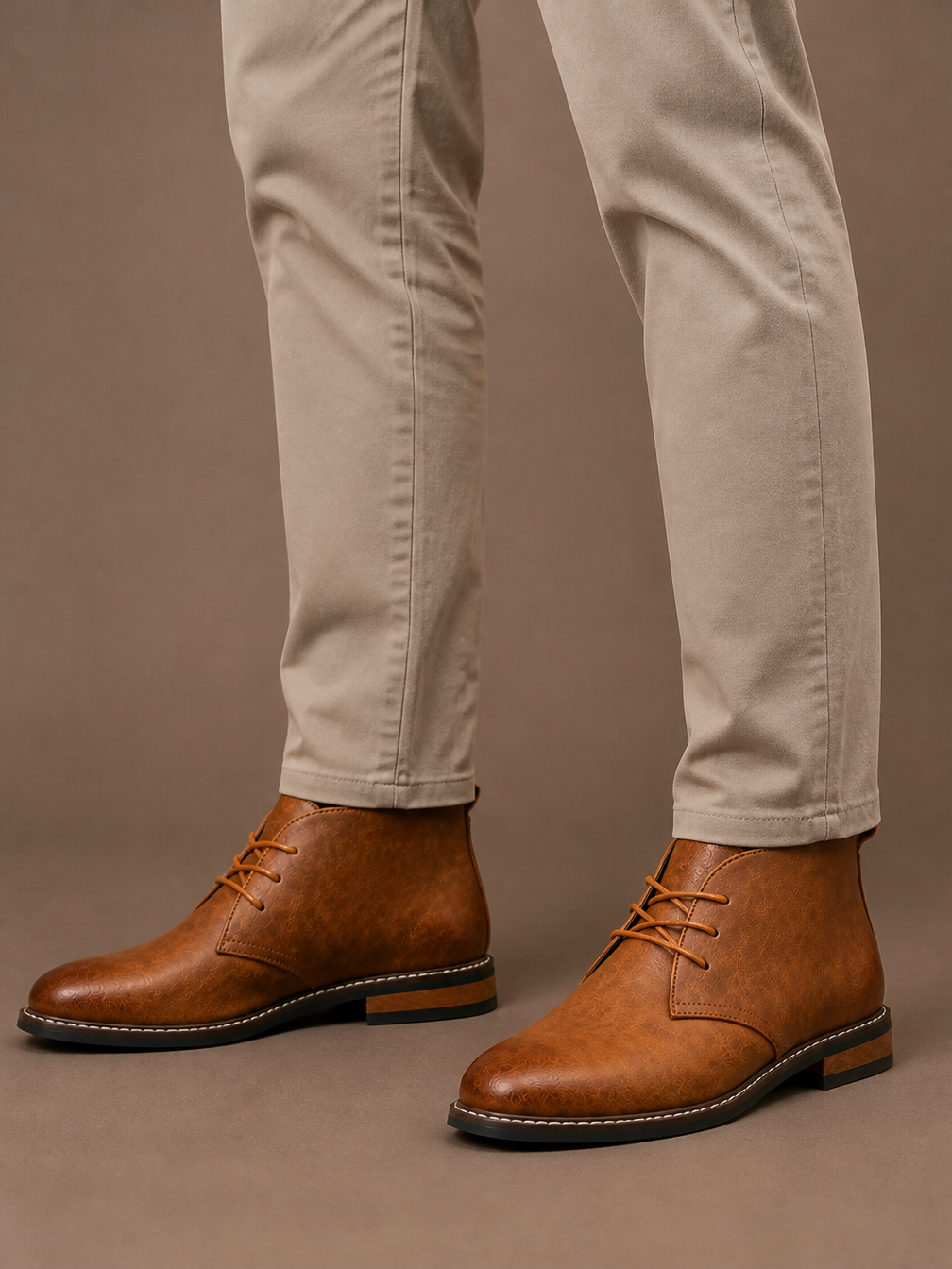 Men's Leather Chukka Boots Lace-Up Ankle Boots for Casual and Smart Wear - Brown - On-Foot View [AI-OPT:7c1affff-a3ec-4ae4-9ead-1e077bcdc880]