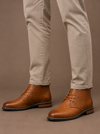 Men's Leather Chukka Boots Lace-Up Ankle Boots for Casual and Smart Wear - Brown - On-Foot View [AI-OPT:7c1affff-a3ec-4ae4-9ead-1e077bcdc880]
