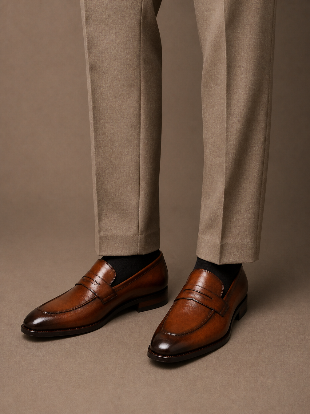 Men's Leather Loafers Square Toe Dress Shoes - Black or Brown - Brown - On-Foot View [AI-OPT:7e021487-9855-4056-a47e-79abc79d9ae7]