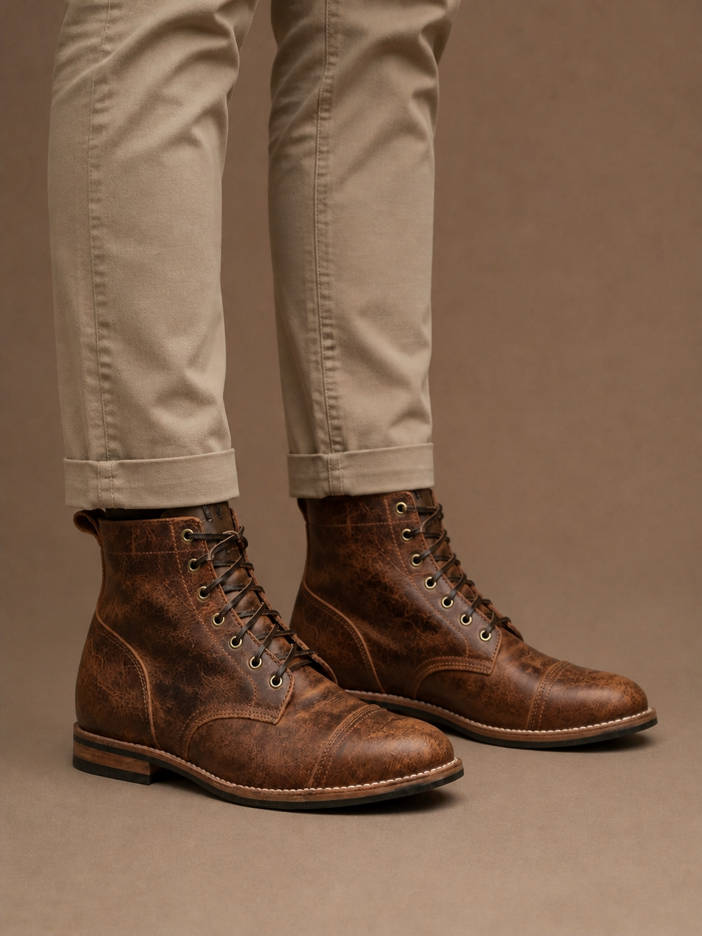 Men's Vintage Leather Ankle Boots with Lace-Up Front and Cap Toe - Brown - On-Foot View [AI-OPT:71c3472c-9678-408a-8fb5-99550ac76f31]