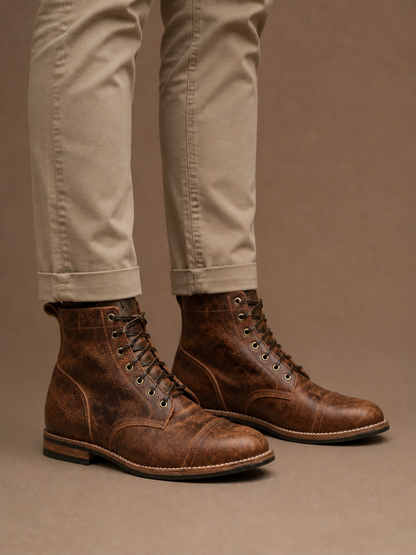 Men's Vintage Leather Ankle Boots with Lace-Up Front and Cap Toe - Brown - On-Foot View [AI-OPT:71c3472c-9678-408a-8fb5-99550ac76f31]