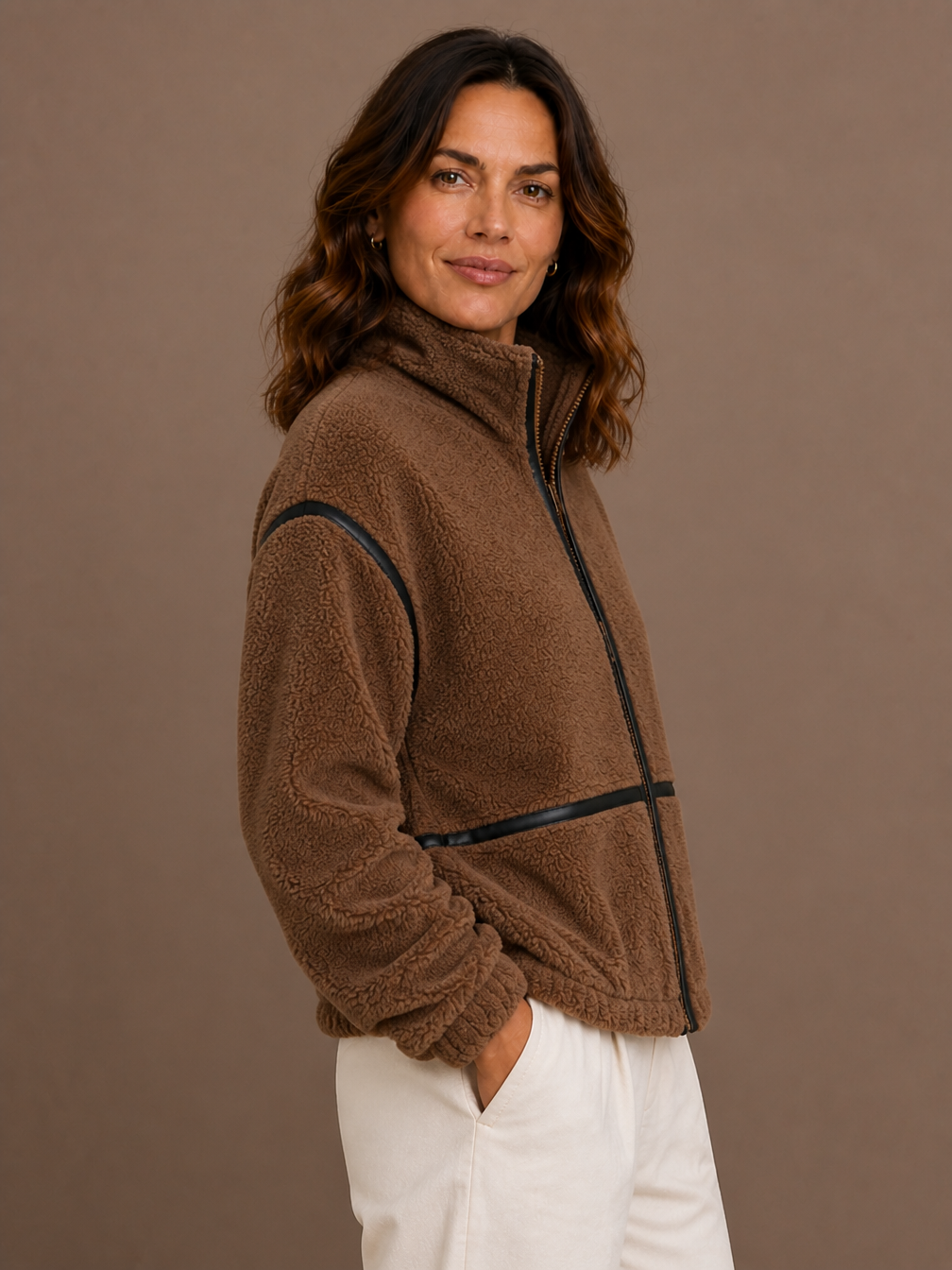 Women's Sherpa Fleece Jacket with Full Zip, Stand Collar and Patch Pockets - Brown - Side View [AI-OPT:44052339-f6ac-4a8e-95c6-fcc274bd2ede]