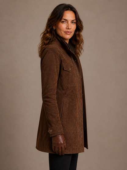 Women's Brown Faux Suede Utility Jacket, Longline Relaxed Fit with Lapel Collar and Flap Pockets - Brown - Side View [AI-OPT:815d9ae7-074b-45c9-bb32-76c7c2dd9966]