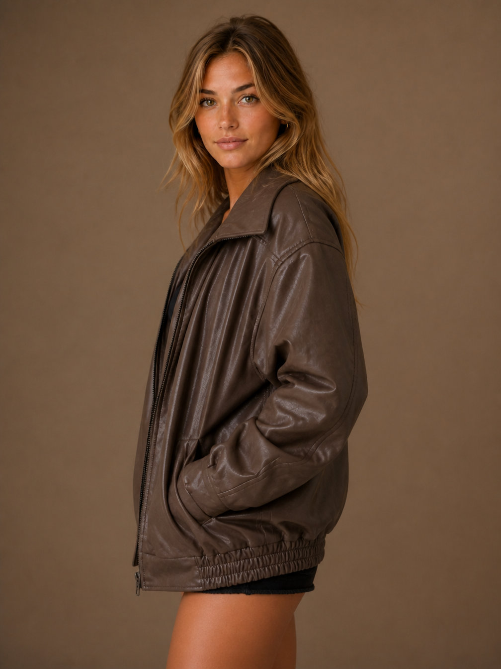 Women's Oversized PU Leather Jacket, Casual Brown or Black Faux Leather Coat - Brown - Side View [AI-OPT:473c6751-e800-4465-b606-ff97c929f045]