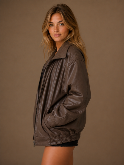 Women's Oversized PU Leather Jacket, Casual Brown or Black Faux Leather Coat - Brown - Side View [AI-OPT:473c6751-e800-4465-b606-ff97c929f045]