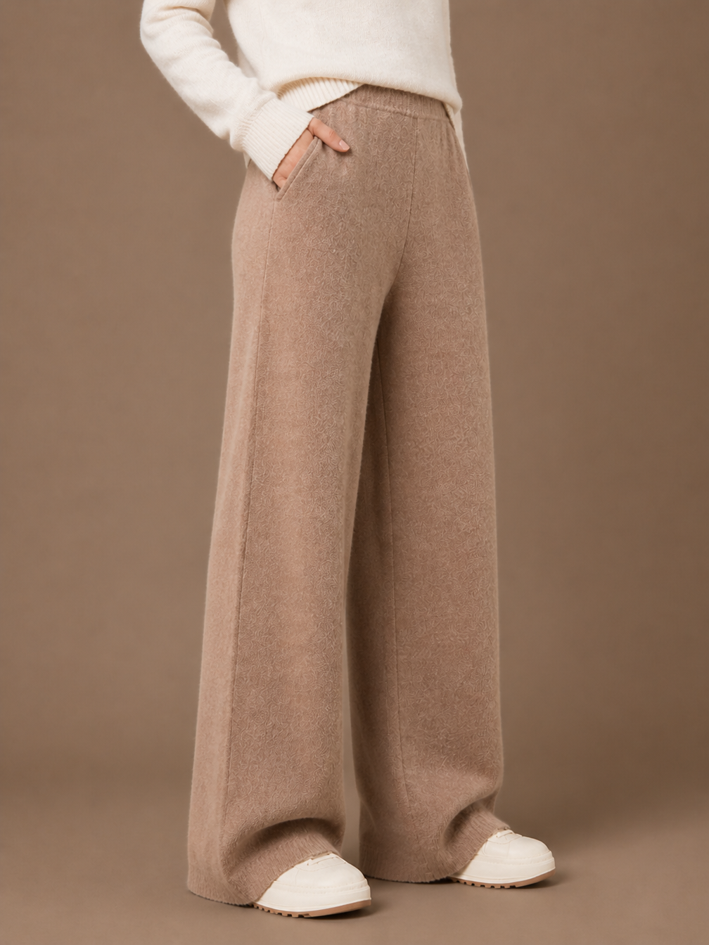 Women's Wool Wide-Leg Trousers - High Elasticated Waist Pants - Brown - Side View [AI-OPT:9135c6f2-af12-4dad-a19a-79981d900660]