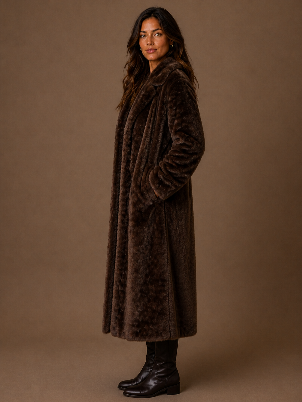 Women's Long Faux Fur Trench Coat Brown Relaxed Fit Double-Breasted Front - Brown - Side View [AI-OPT:cb1f7436-ce39-4ed9-a348-501f08e97f18]