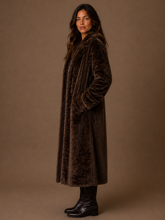 Women's Long Faux Fur Trench Coat Brown Relaxed Fit Double-Breasted Front - Brown - Side View [AI-OPT:cb1f7436-ce39-4ed9-a348-501f08e97f18]
