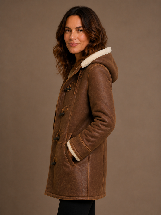 Women's Duffle Coat - Brown Hooded Fleece Winter Jacket - Brown - Side View [AI-OPT:44b65d41-98c7-4d04-a55b-56e257329132]