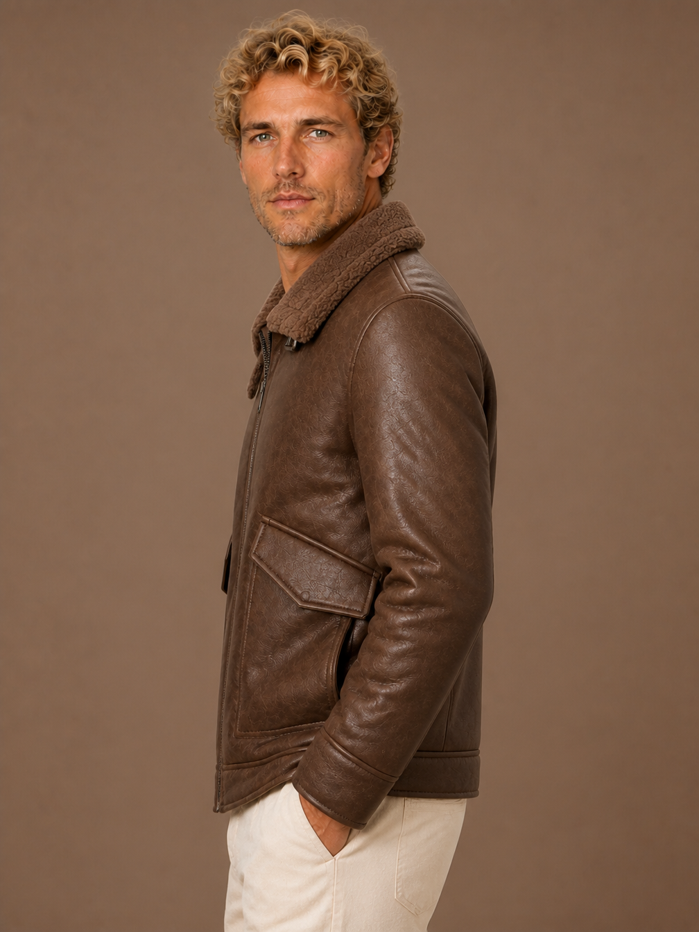 Men's Winter Overcoat - Tailored Longline Thick-Lined Coat with Structured Collar - Brown - Side View [AI-OPT:6c3997a6-fc72-461e-8b1d-ee44e0b786a4]