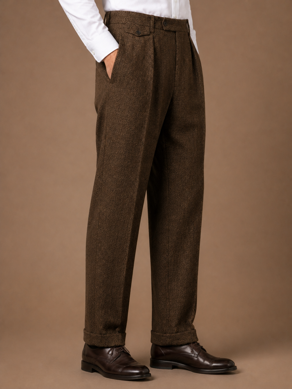 Men's Herringbone Pleated Tailored Trousers Straight Leg Smart Fit - Brown - Side View [AI-OPT:4b670a47-7c6a-4864-95d2-afcffff0636a]