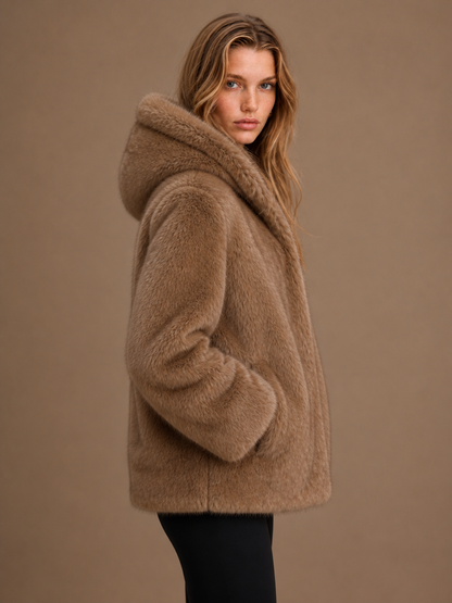 Women's Faux Fur Hooded Coat - Oversized Fluffy Cozy Teddy Warm Jacket - Brown - Side View [AI-OPT:8e6075fc-99f8-4c6d-ad4d-639ec274e98b]