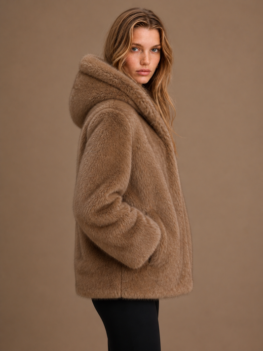 Women's Faux Fur Hooded Coat - Oversized Fluffy Cozy Teddy Warm Jacket - Brown - Side View [AI-OPT:8e6075fc-99f8-4c6d-ad4d-639ec274e98b]